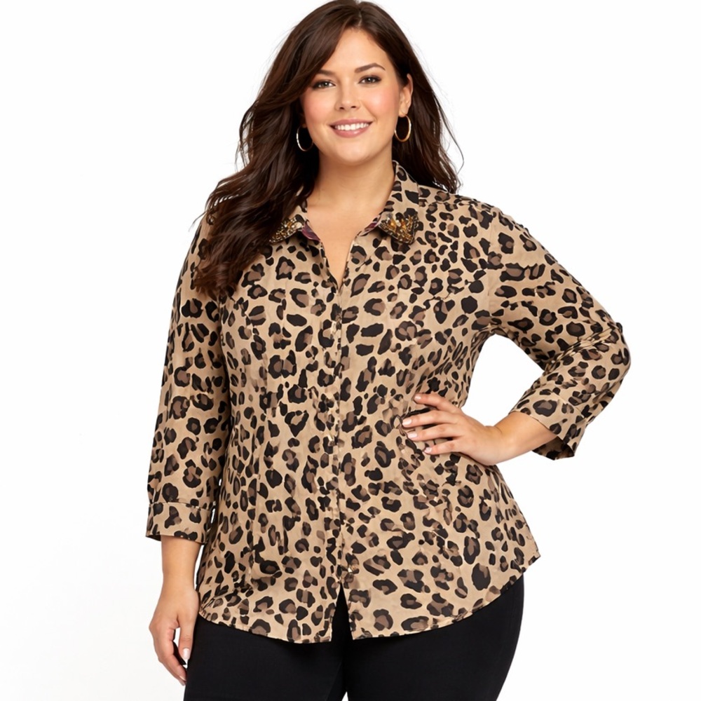 Lane Bryant Leopard Print Embellished Collar Button Down Blouse Size 28 Plus